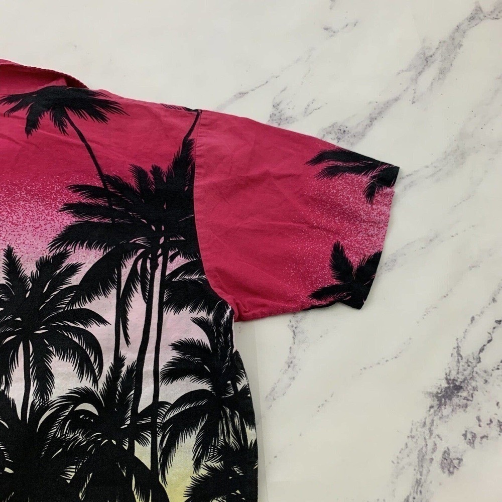 Mens Vintage Hawaiian Aloha Shirt Size M Pink Black Palms Bahamas Tropical Tiki - Picture 9 of 11